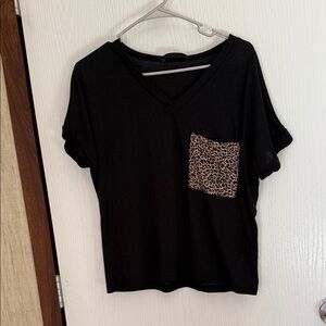 SHEIN Black V-Neck Tee with Leopard Accent